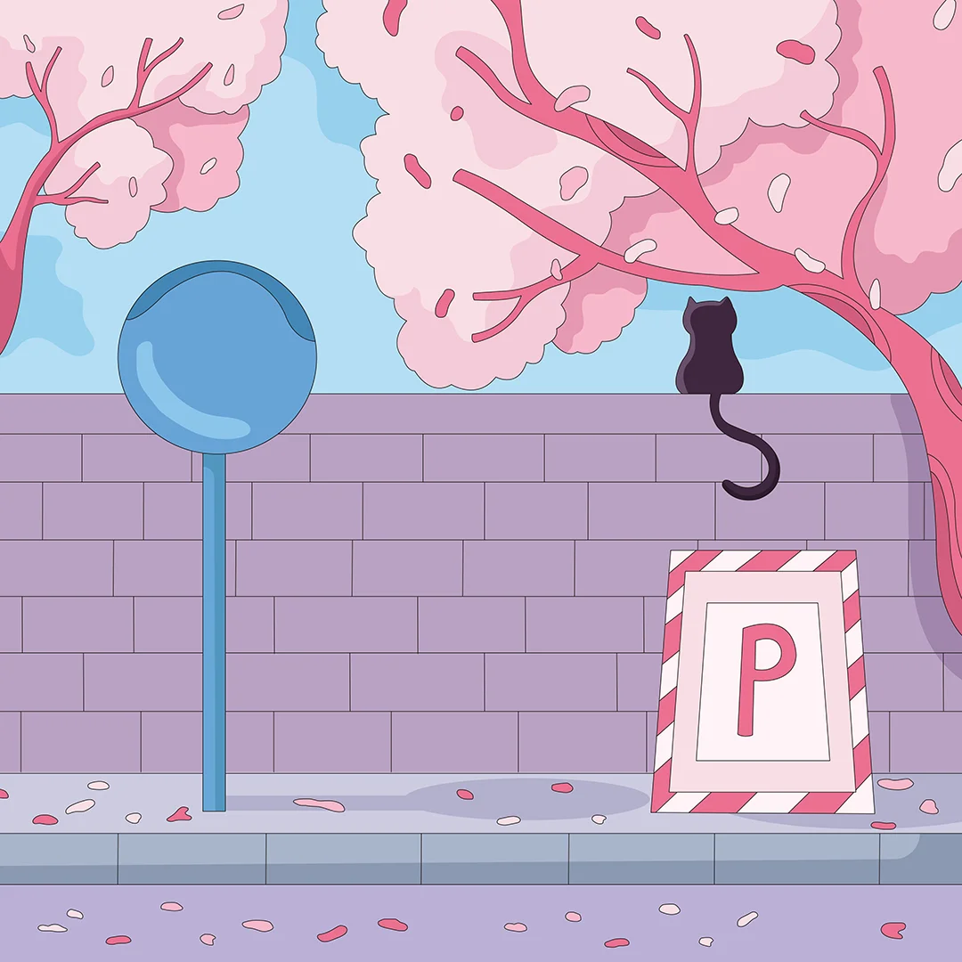 Black Cat and Cherry Blossoms by Street Sign Illustration Illustration of a black cat sitting on a wall under cherry blossom trees with a blue road sign and parking sign nearby.