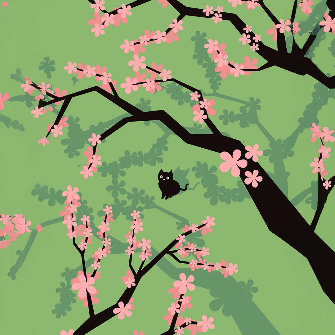 Stylized black cat sitting among branches of a cherry blossom tree with pink flowers on a green background.