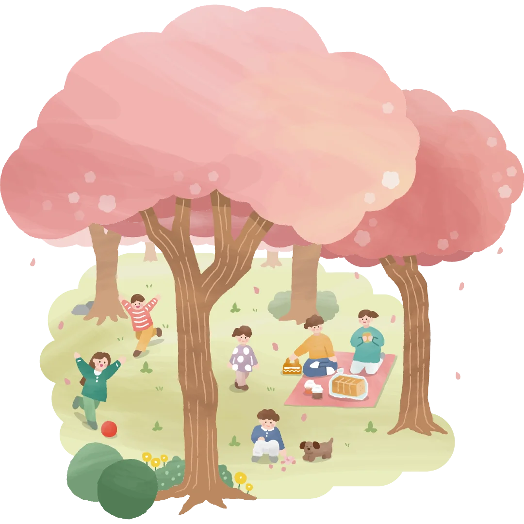 Children and Families Picnicking Under Cherry Blossoms Illustration of children and families enjoying a picnic and playing under pink cherry blossom trees in a park.