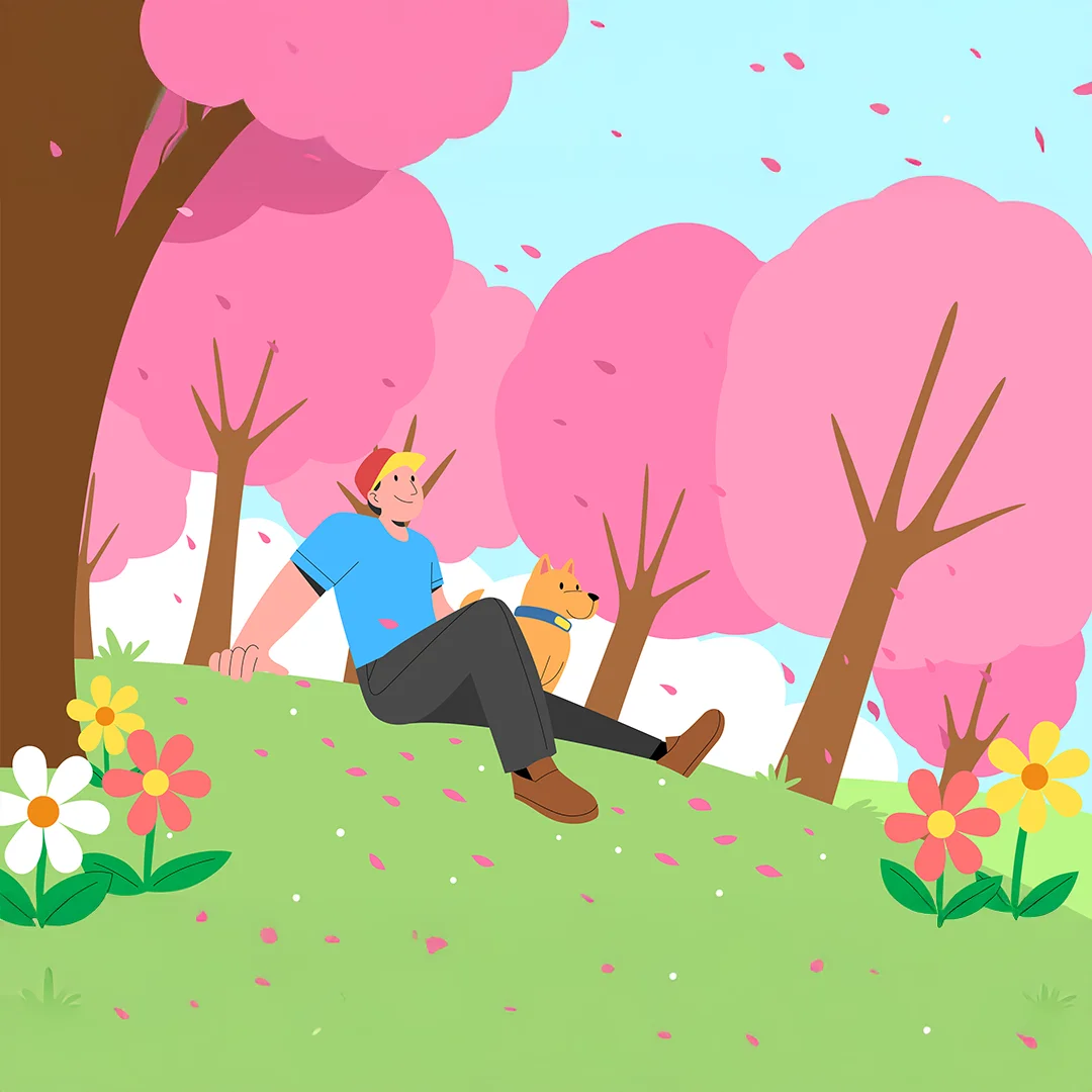 Illustration of a man sitting on a grassy hill with his dog surrounded by blooming cherry blossom trees and colorful flowers.