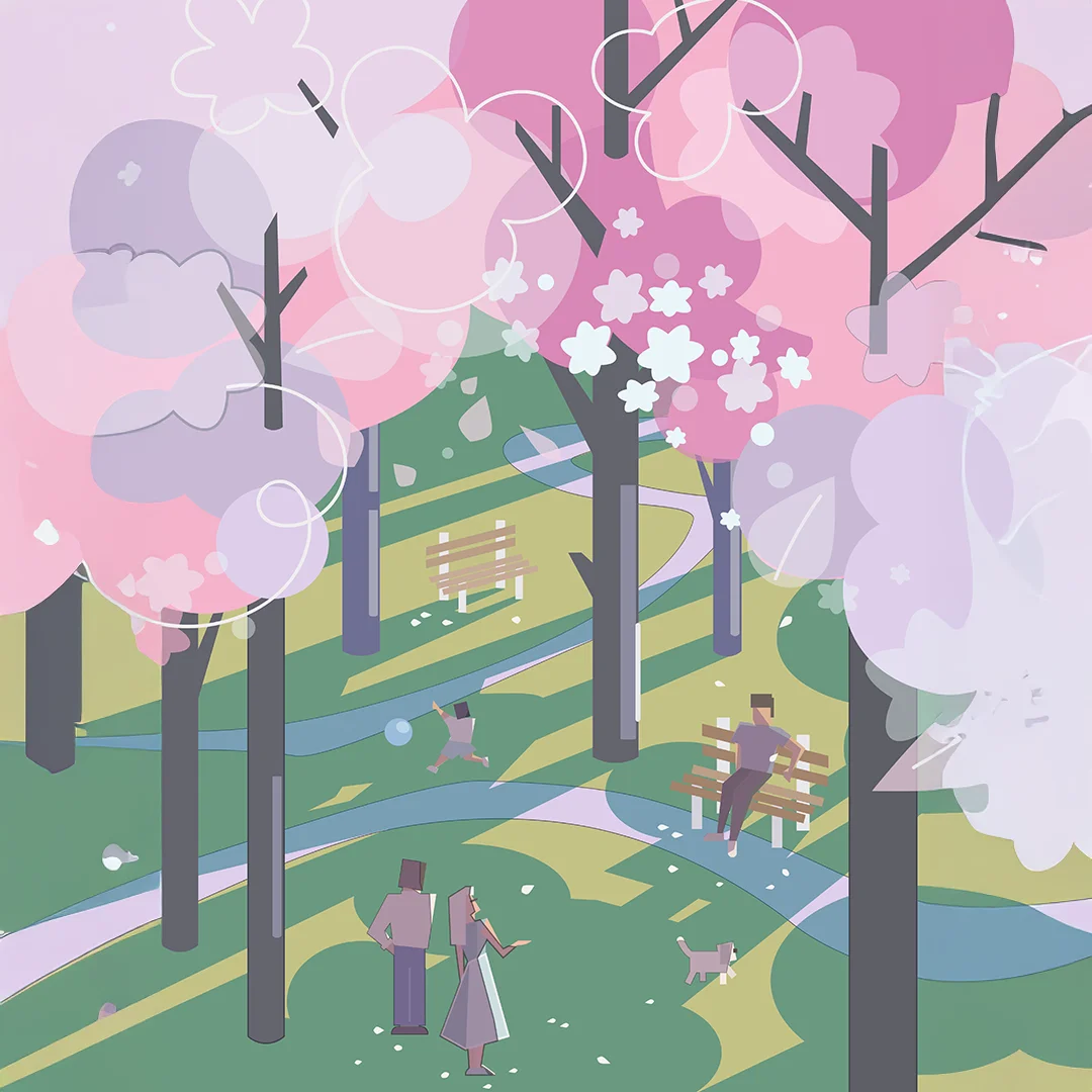 Abstract illustration of people walking, playing, and relaxing in a park surrounded by blooming cherry blossom trees.